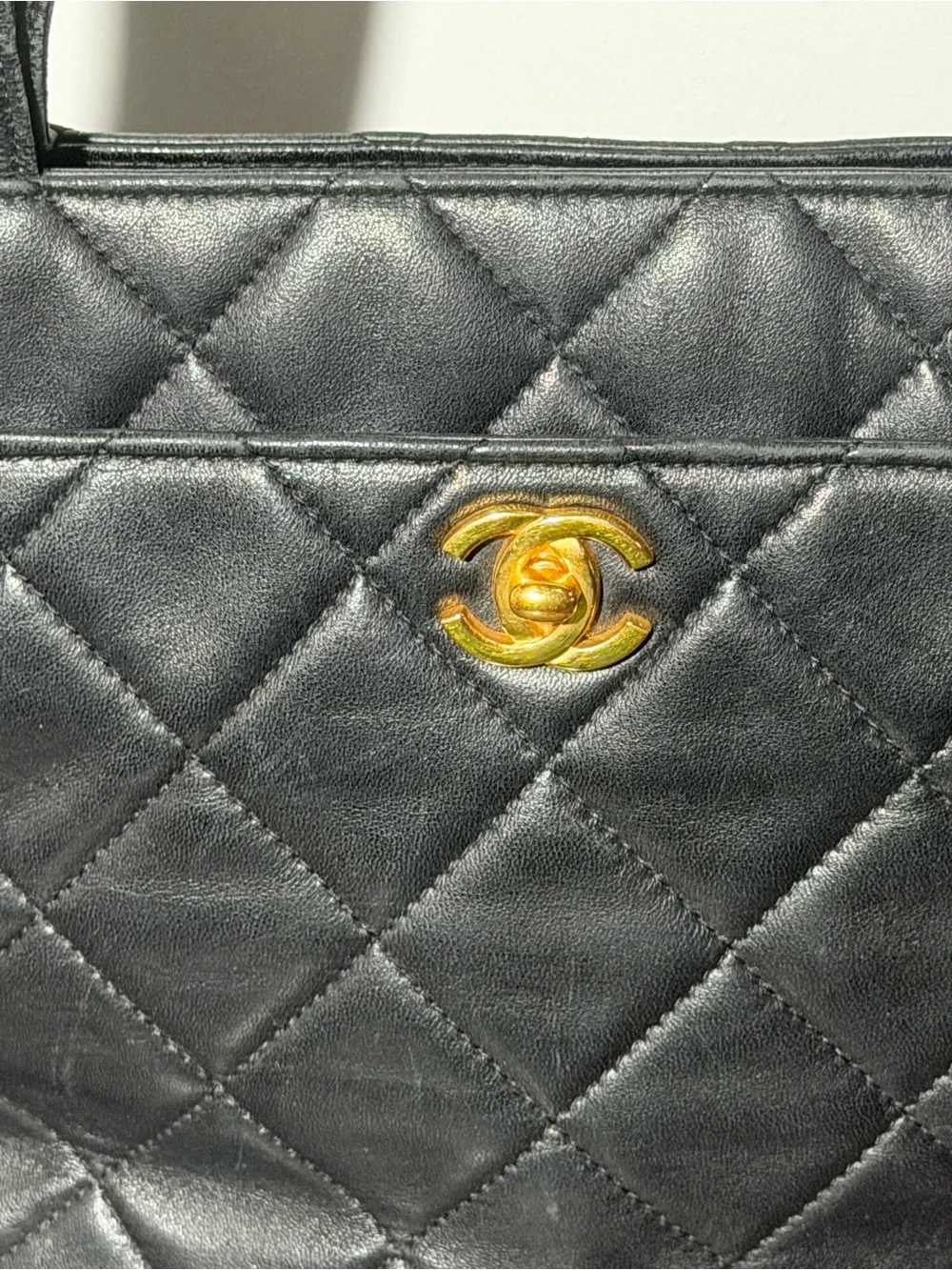 CHANEL Vintage Black Quilted Top Handled Handbag Gold CC Logo